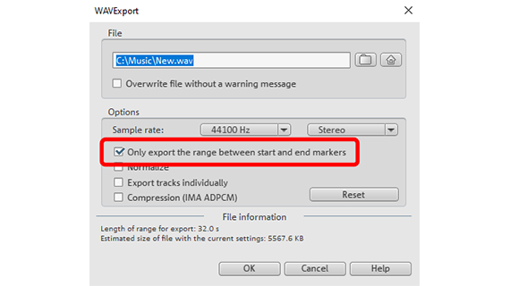 WAV file export of the playback range Export the play area as a WAV file