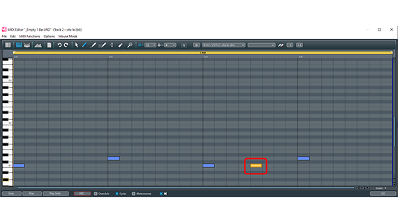 Sound example 3: "Boom, tack, boom-boom, tack." Split the kick drum into two shorter beats in the MIDI editor